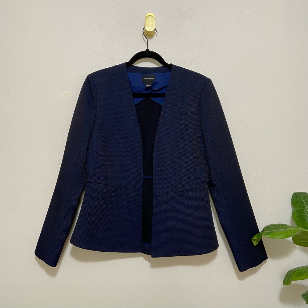 Club Monaco Navy and Black Open Front Wool Blend Blazer